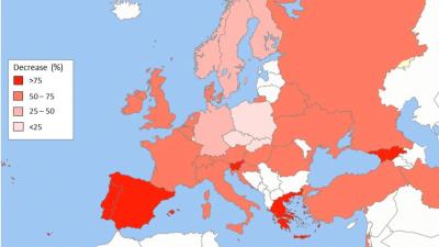 Map of Europe showing reduction in FRAX usage between Feb-Apr 2020